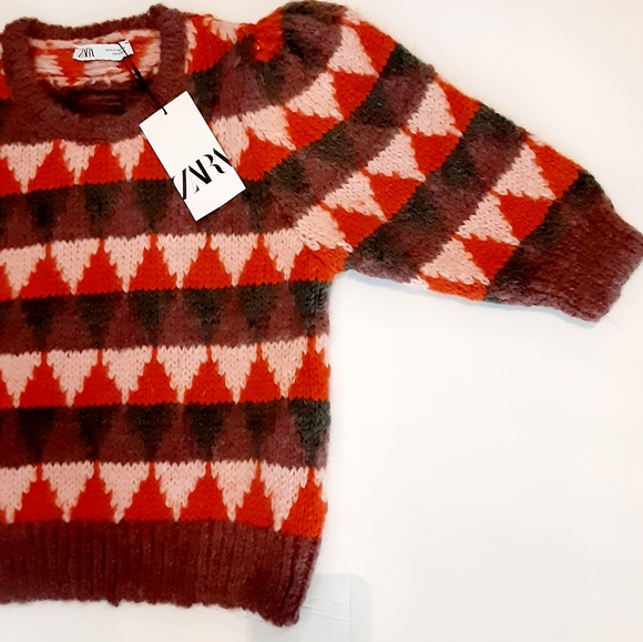 Zara Sweater Argyle Puff Sleeve Mohair, Alpaca - Picture 3 of 8